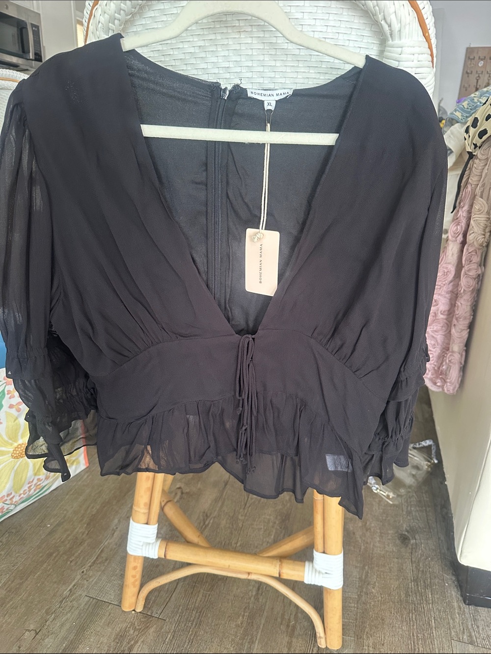Black Sheer Tie-Front Blouse